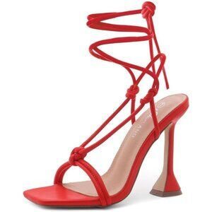 Women's Red Open Toe Tie Up Ankle Wrap Lace Up Strappy High Heel Sandals